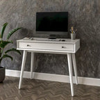 Bureau de style Mid-Century en bois massif blanc / marron / chêne / noir avec pieds fuselés et tiroir unique - Usage unique