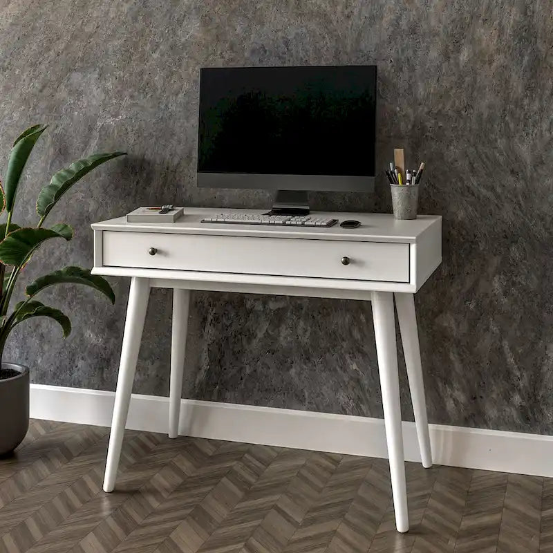 Bureau de style Mid-Century en bois massif blanc / marron / chêne / noir avec pieds fuselés et tiroir unique - Usage unique