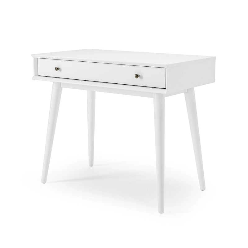 Bureau de style Mid-Century en bois massif blanc / marron / chêne / noir avec pieds fuselés et tiroir unique - Usage unique