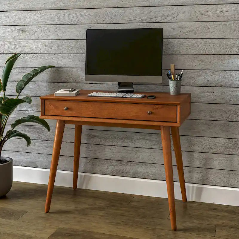 Bureau de style Mid-Century en bois massif blanc / marron / chêne / noir avec pieds fuselés et tiroir unique - Usage unique