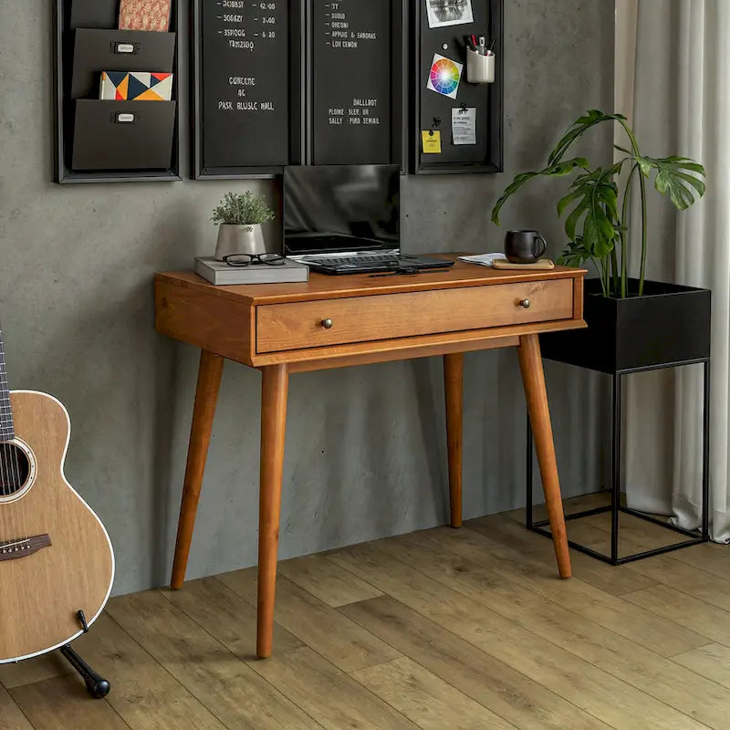 Bureau de style Mid-Century en bois massif blanc / marron / chêne / noir avec pieds fuselés et tiroir unique - Usage unique