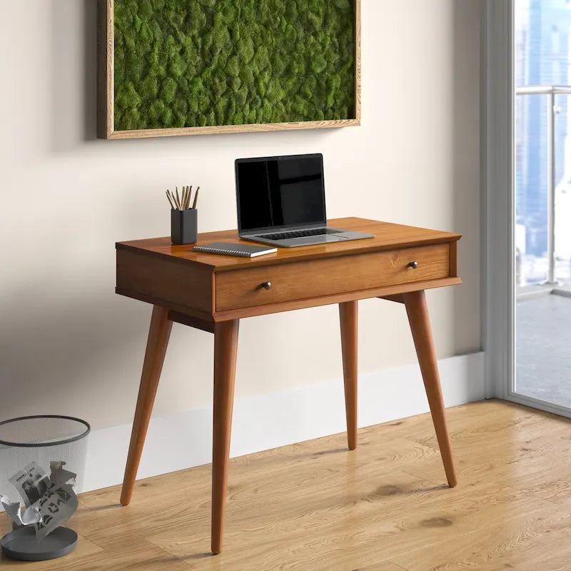 Bureau de style Mid-Century en bois massif blanc / marron / chêne / noir avec pieds fuselés et tiroir unique - Usage unique