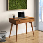 Bureau de style Mid-Century en bois massif blanc / marron / chêne / noir avec pieds fuselés et tiroir unique - Usage unique