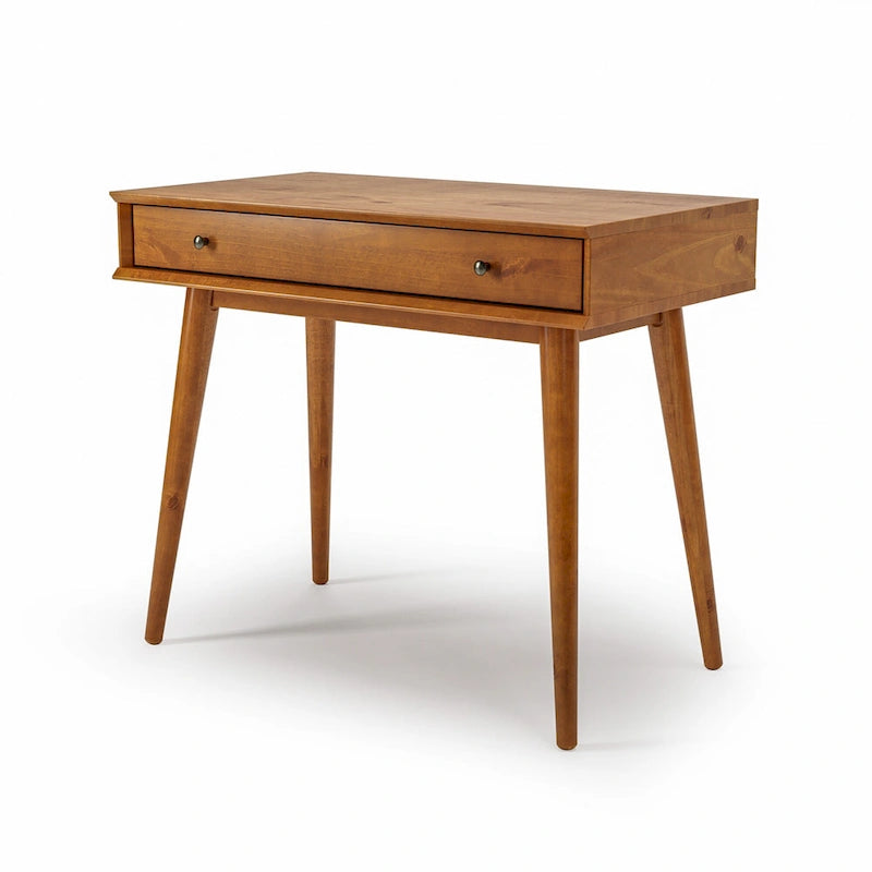 Bureau de style Mid-Century en bois massif blanc / marron / chêne / noir avec pieds fuselés et tiroir unique - Usage unique