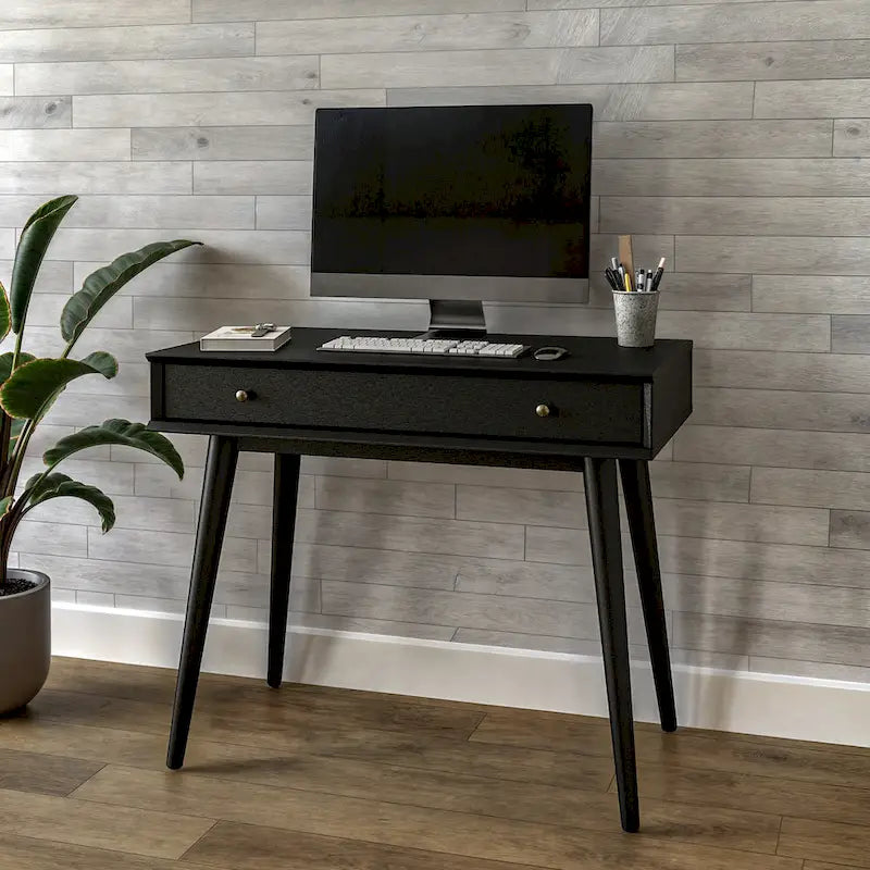 Bureau de style Mid-Century en bois massif blanc / marron / chêne / noir avec pieds fuselés et tiroir unique - Usage unique