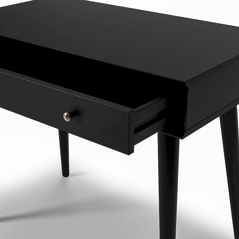 Bureau de style Mid-Century en bois massif blanc / marron / chêne / noir avec pieds fuselés et tiroir unique - Usage unique