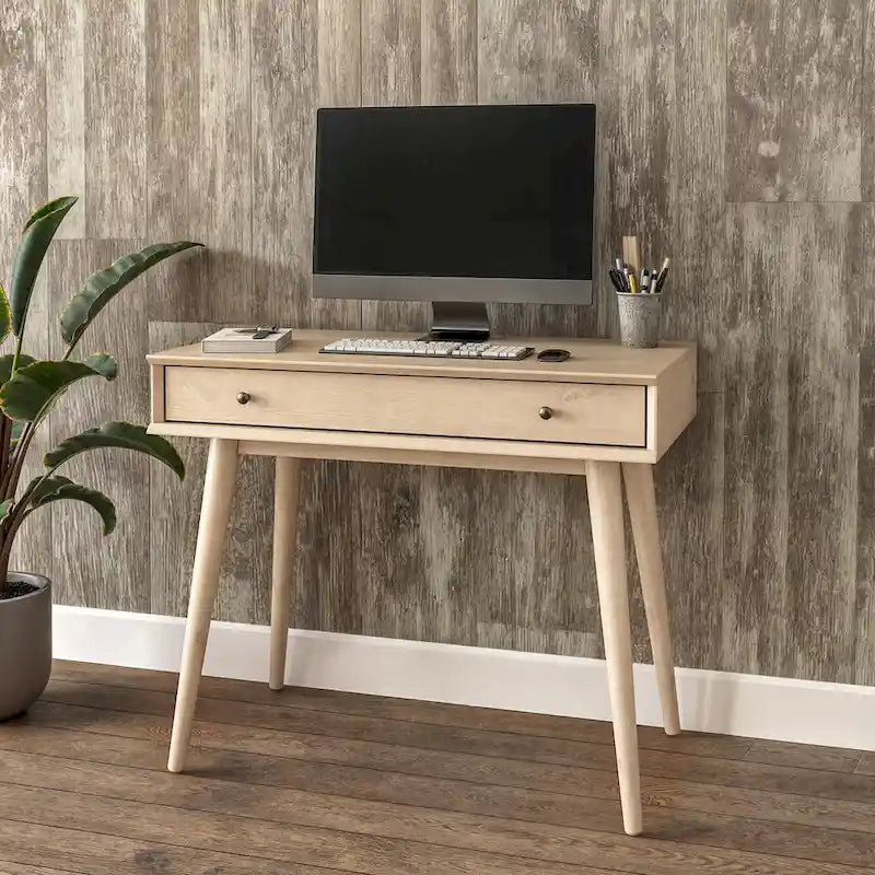 Bureau de style Mid-Century en bois massif blanc / marron / chêne / noir avec pieds fuselés et tiroir unique - Usage unique