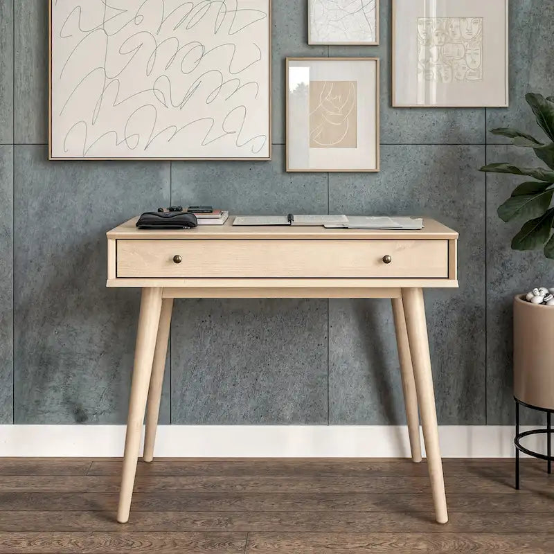 Bureau de style Mid-Century en bois massif blanc / marron / chêne / noir avec pieds fuselés et tiroir unique - Usage unique