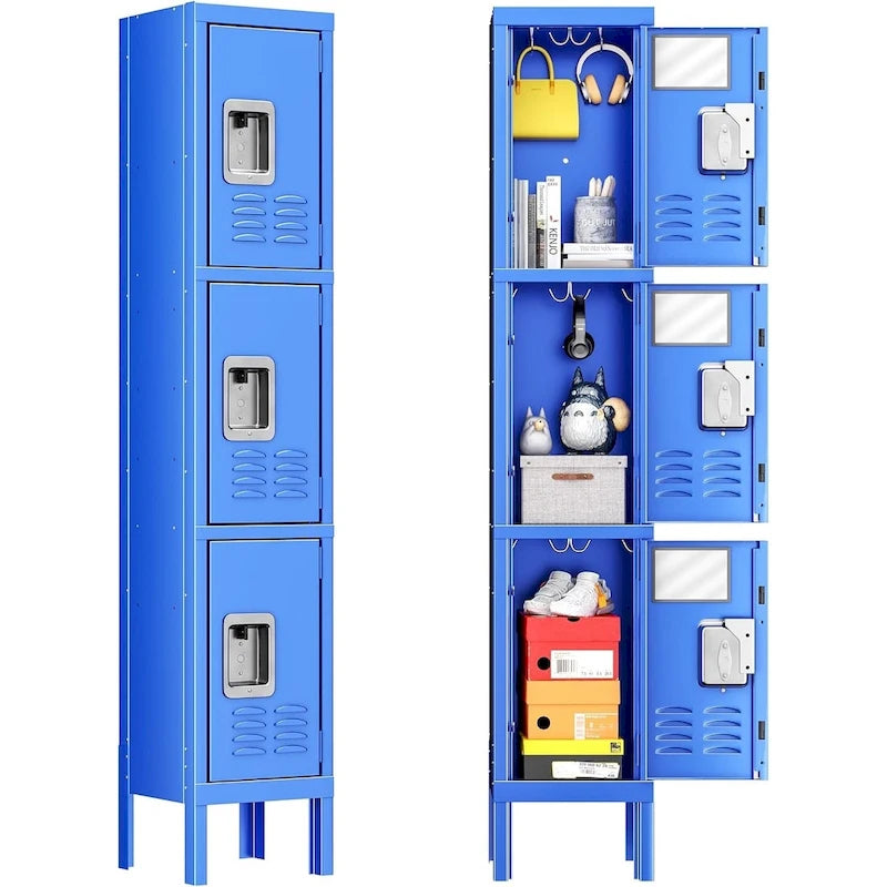 Casier de rangement en métal à 3 portes gris/bleu avec poignée levante et moraillon