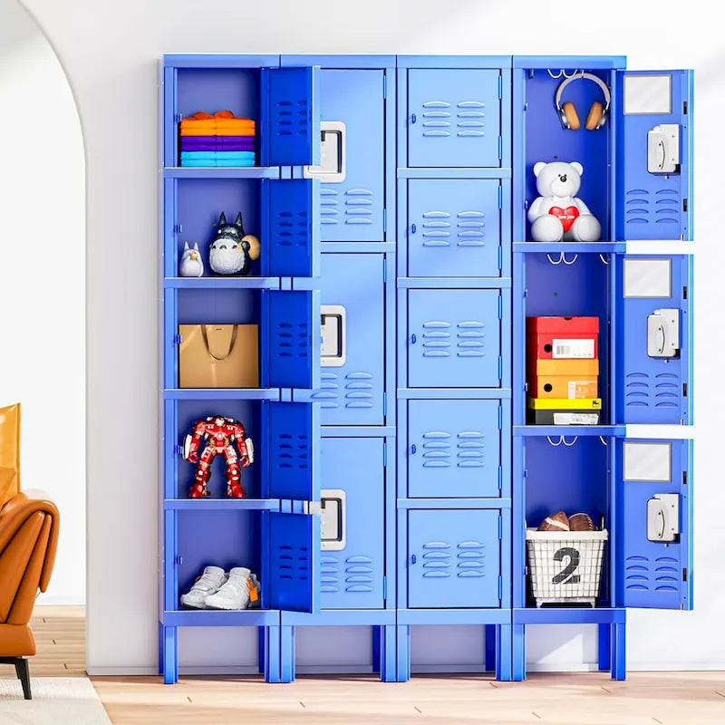 Casier de rangement en métal à 3 portes gris/bleu avec poignée levante et moraillon
