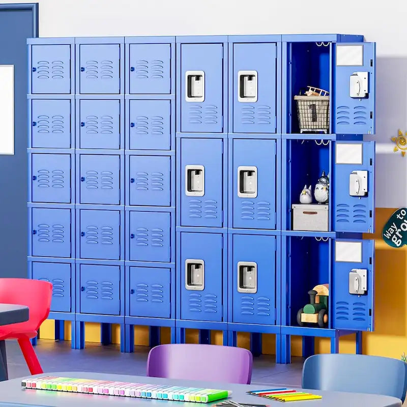 Casier de rangement en métal à 3 portes gris/bleu avec poignée levante et moraillon