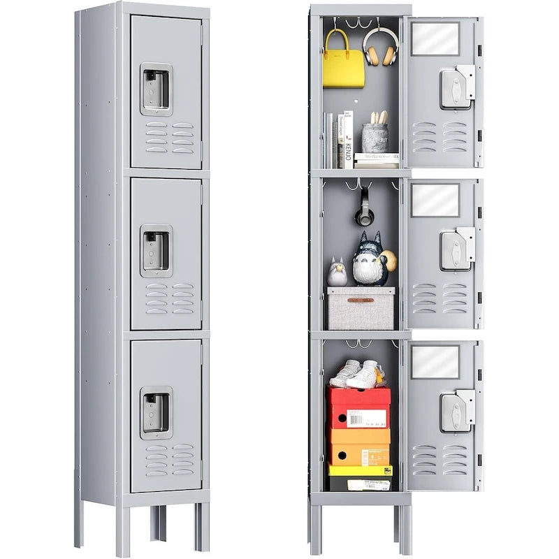 Casier de rangement en métal à 3 portes gris/bleu avec poignée levante et moraillon