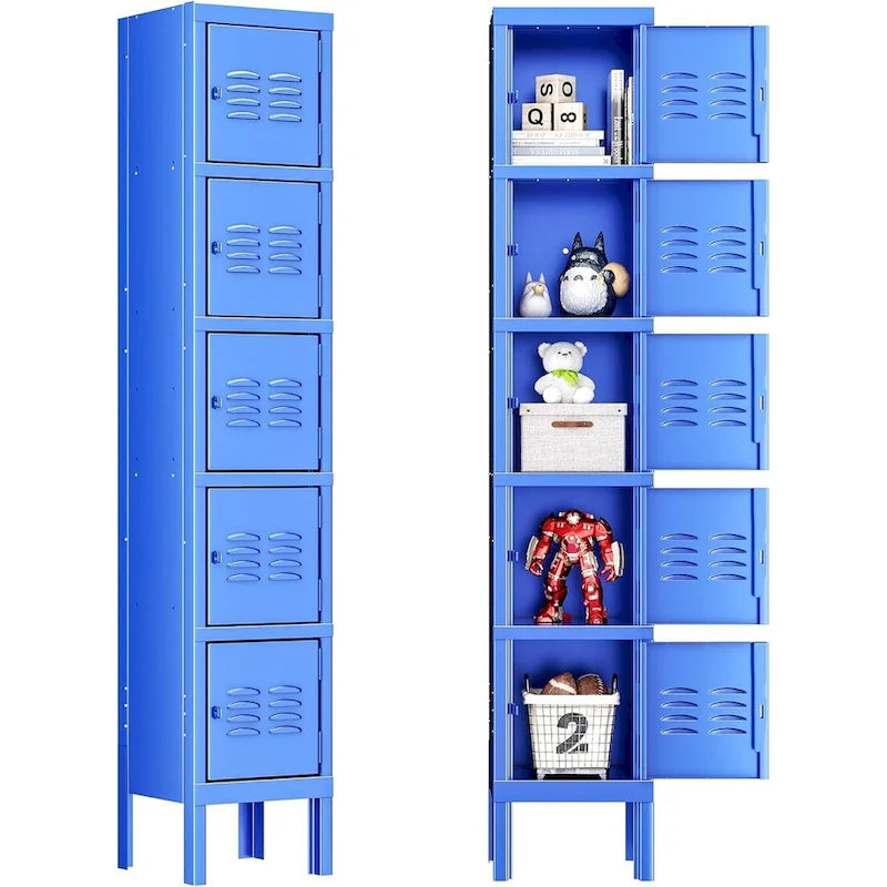 Casier de rangement en métal à 3 portes gris/bleu avec poignée levante et moraillon