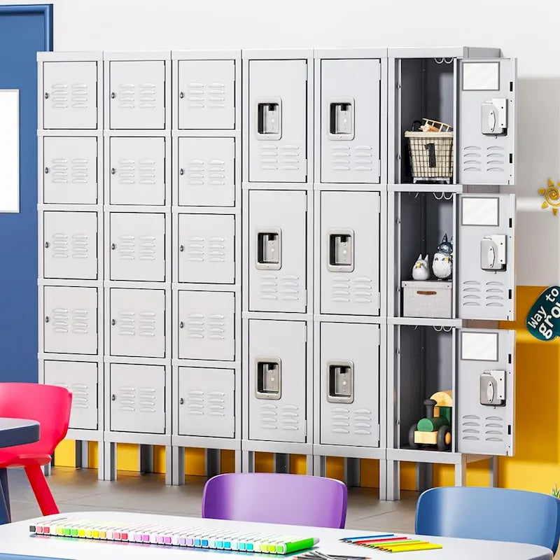 Casier de rangement en métal à 3 portes gris/bleu avec poignée levante et moraillon