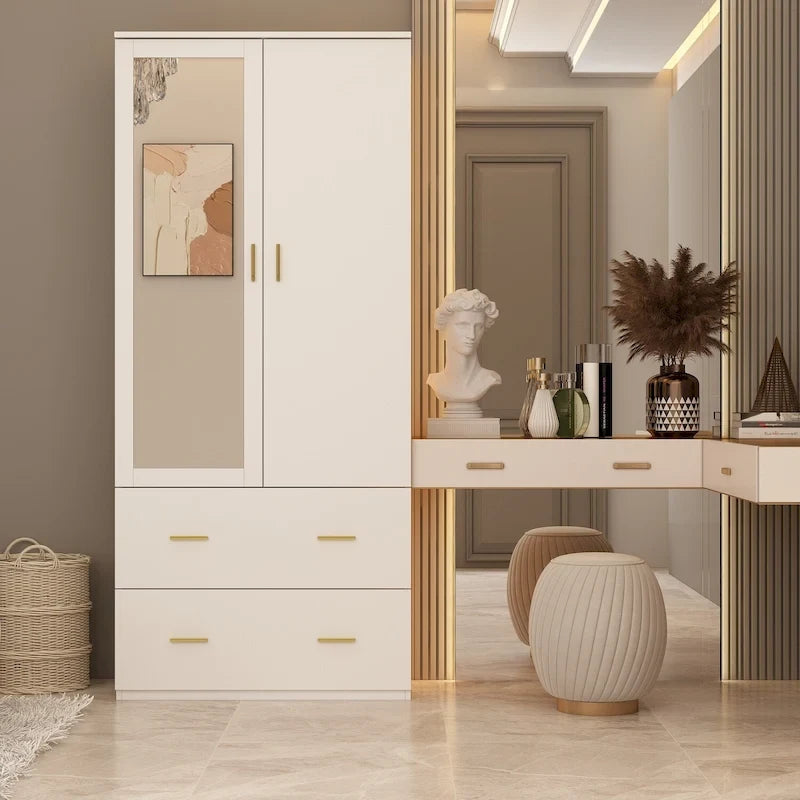 Armoire penderie blanche / marron foncé avec miroir et tringle - Usage unique