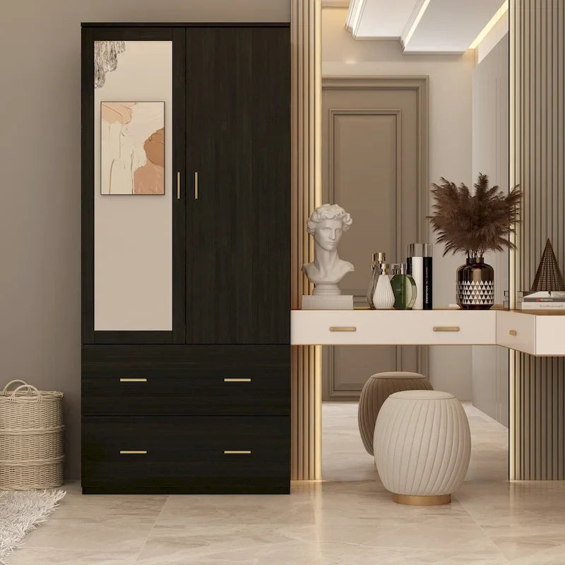 Armoire penderie blanche / marron foncé avec miroir et tringle - Usage unique