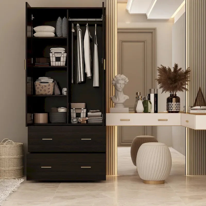 Armoire penderie blanche / marron foncé avec miroir et tringle - Usage unique
