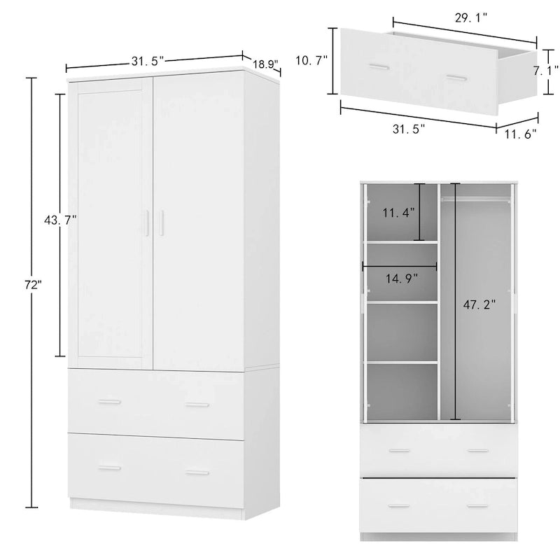 Armoire penderie blanche / marron foncé avec miroir et tringle - Usage unique