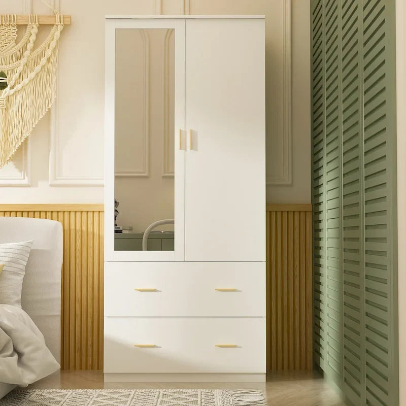 Armoire penderie blanche / marron foncé avec miroir et tringle - Usage unique