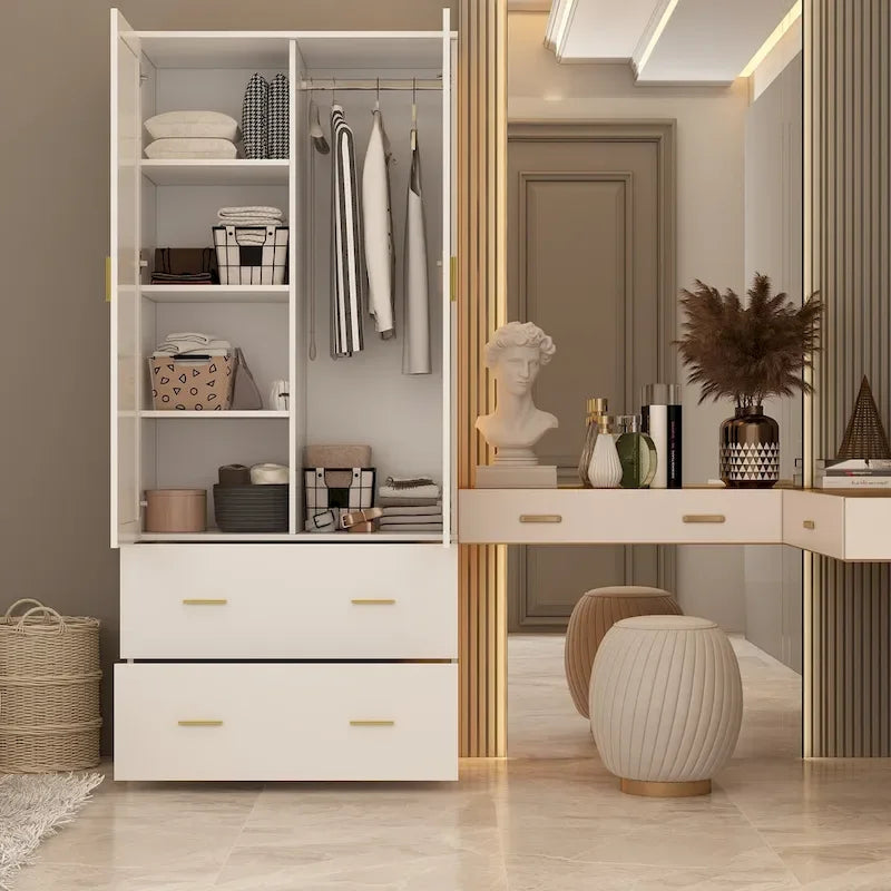 Armoire penderie blanche / marron foncé avec miroir et tringle - Usage unique