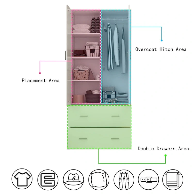 Armoire penderie blanche / marron foncé avec miroir et tringle - Usage unique