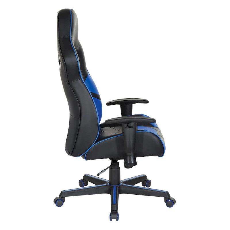 Chaise de jeu en similicuir rouge/bleu avec accoudoirs réglables, support lombaire et appui-tête - Usage unique