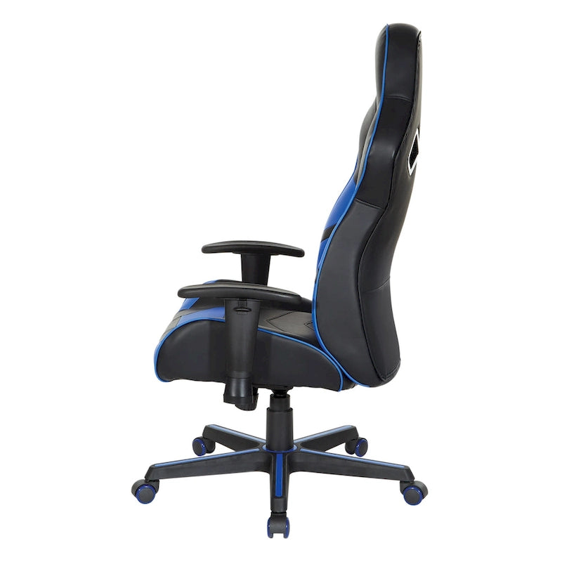 Chaise de jeu en similicuir rouge/bleu avec accoudoirs réglables, support lombaire et appui-tête - Usage unique