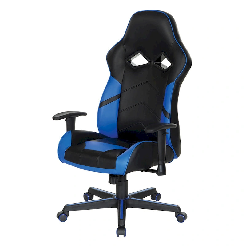 Chaise de jeu en similicuir rouge/bleu avec accoudoirs réglables, support lombaire et appui-tête - Usage unique