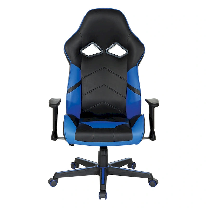Chaise de jeu en similicuir rouge/bleu avec accoudoirs réglables, support lombaire et appui-tête - Usage unique