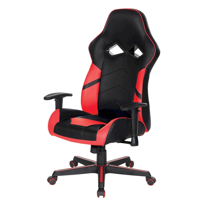 Chaise de jeu en similicuir rouge/bleu avec accoudoirs réglables, support lombaire et appui-tête - Usage unique