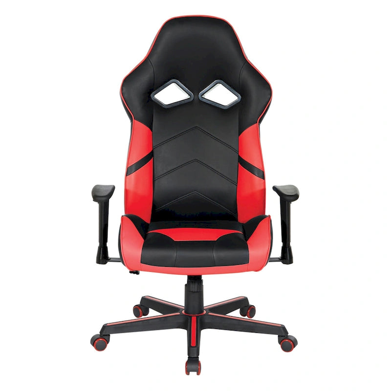 Chaise de jeu en similicuir rouge/bleu avec accoudoirs réglables, support lombaire et appui-tête - Usage unique