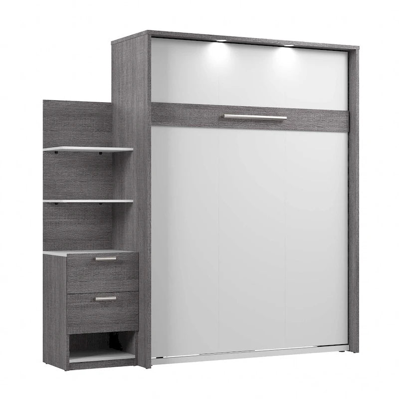 Lit escamotable Queen avec table de chevet et étagères flottantes, finition Chêne Baril / Gris Écorce / Marron Rustique - Convient pour 2 personnes
