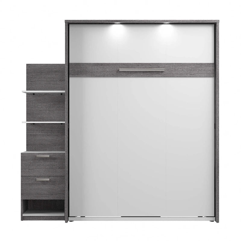 Lit escamotable Queen avec table de chevet et étagères flottantes, finition Chêne Baril / Gris Écorce / Marron Rustique - Convient pour 2 personnes