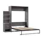 Lit escamotable Queen avec table de chevet et étagères flottantes, finition Chêne Baril / Gris Écorce / Marron Rustique - Convient pour 2 personnes