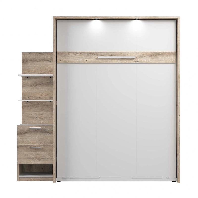 Lit escamotable Queen avec table de chevet et étagères flottantes, finition Chêne Baril / Gris Écorce / Marron Rustique - Convient pour 2 personnes