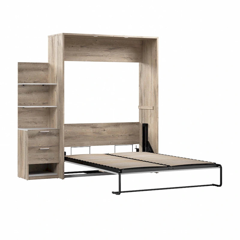 Lit escamotable Queen avec table de chevet et étagères flottantes, finition Chêne Baril / Gris Écorce / Marron Rustique - Convient pour 2 personnes