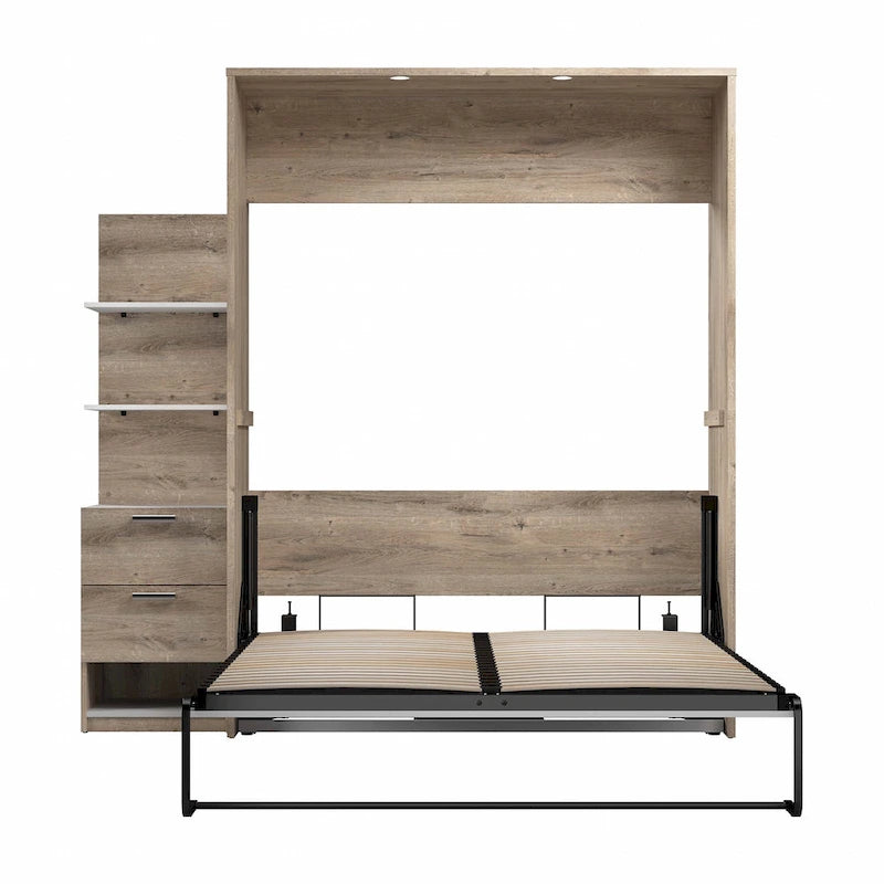 Lit escamotable Queen avec table de chevet et étagères flottantes, finition Chêne Baril / Gris Écorce / Marron Rustique - Convient pour 2 personnes
