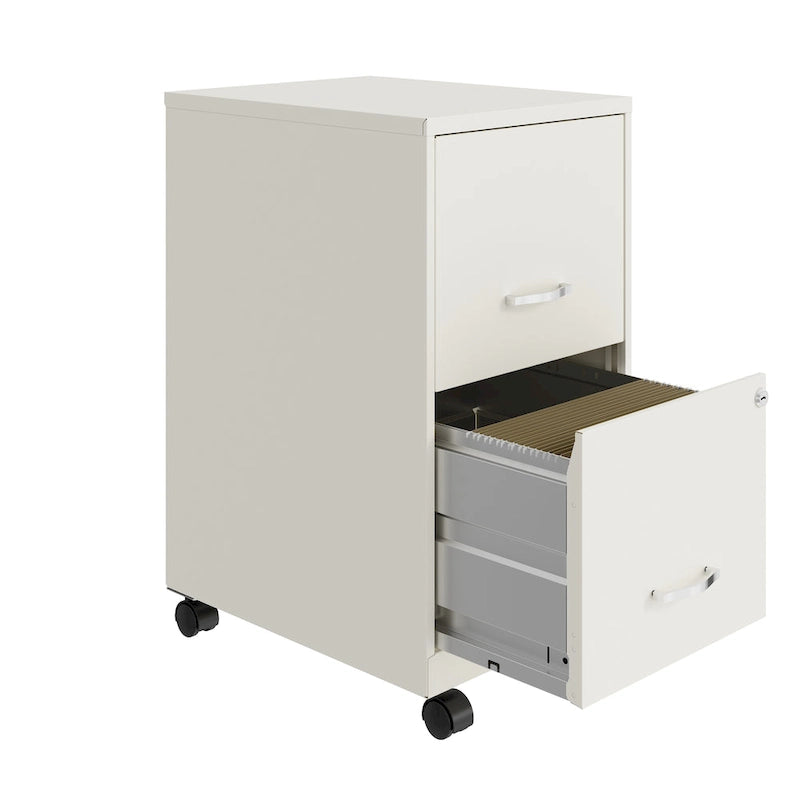 Meuble de classement vertical mobile en acier blanc à 2 tiroirs avec serrure à barillet et roulettes