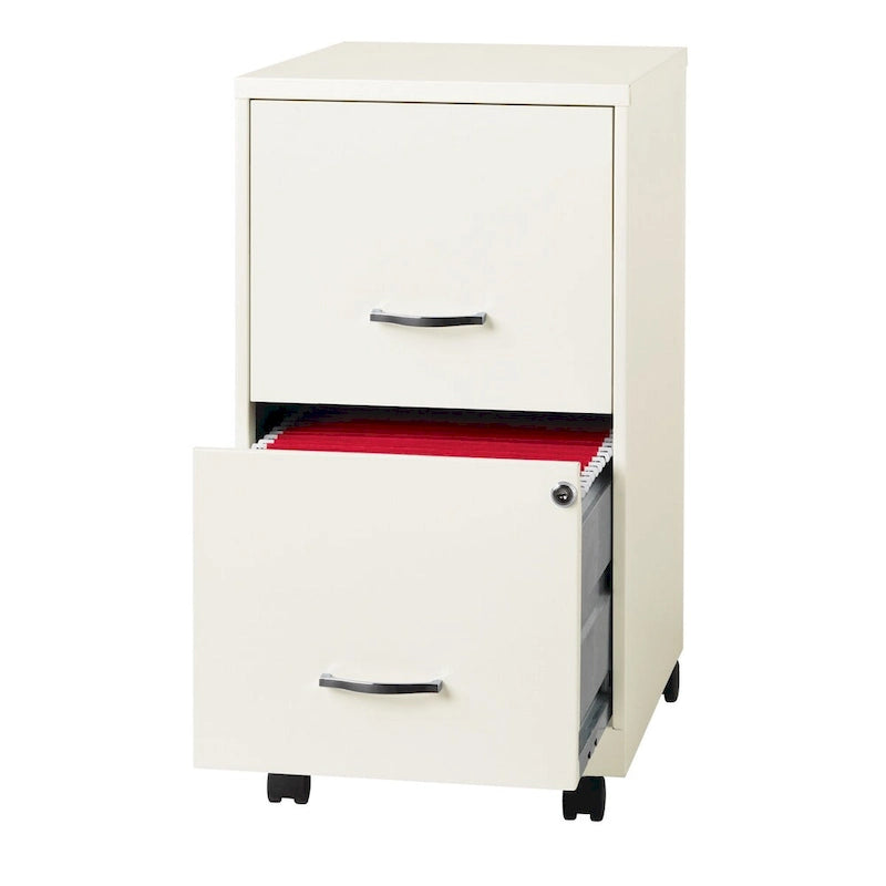 Meuble de classement vertical mobile en acier blanc à 2 tiroirs avec serrure à barillet et roulettes
