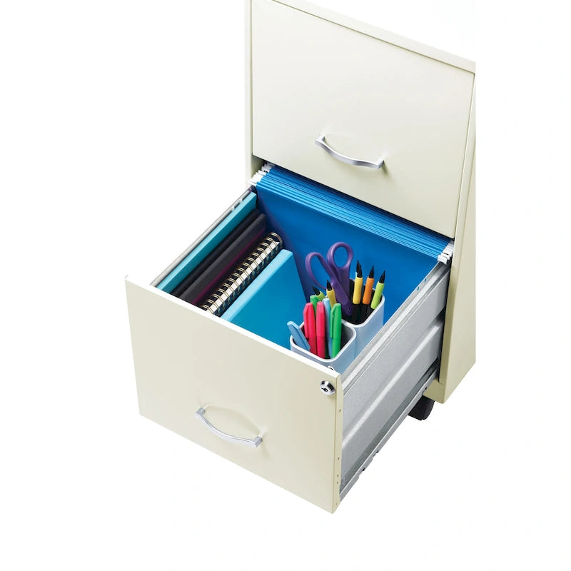 Meuble de classement vertical mobile en acier blanc à 2 tiroirs avec serrure à barillet et roulettes