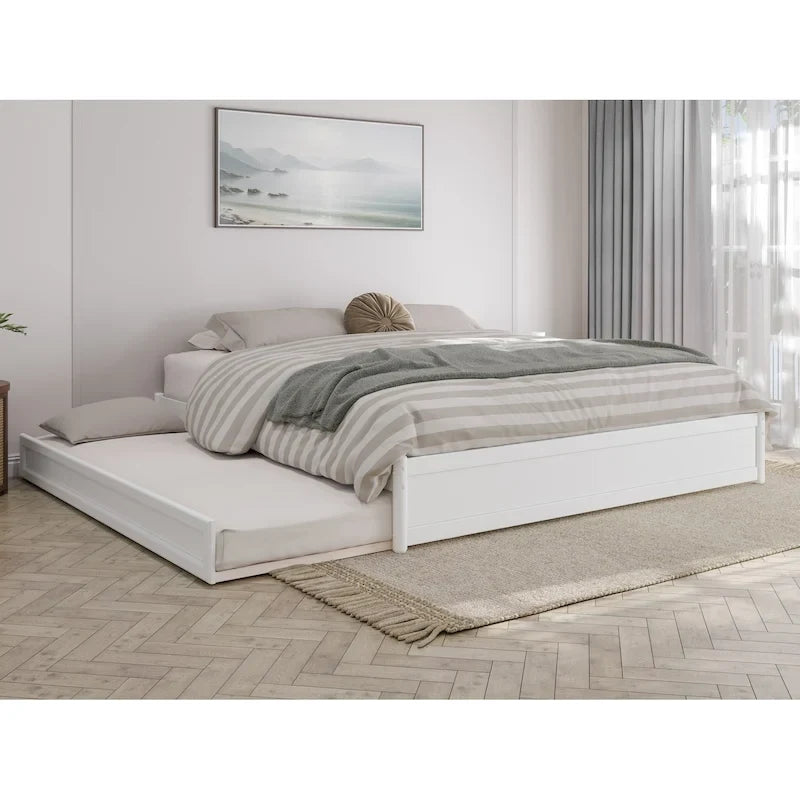 Lit plate-forme à panneaux en bois dur blanc/noyer/caramel clair avec lit gigogne double XL – Pour 2 personnes