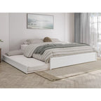 Lit plate-forme à panneaux en bois dur blanc/noyer/caramel clair avec lit gigogne double XL – Pour 2 personnes