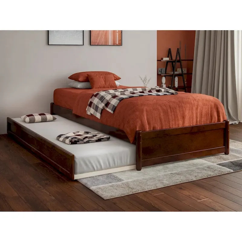 Lit plate-forme à panneaux en bois dur blanc/noyer/caramel clair avec lit gigogne double XL – Pour 2 personnes