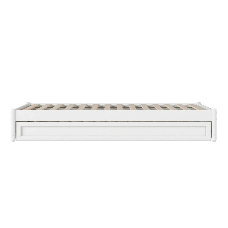Lit plate-forme à panneaux en bois dur blanc/noyer/caramel clair avec lit gigogne double XL – Pour 2 personnes