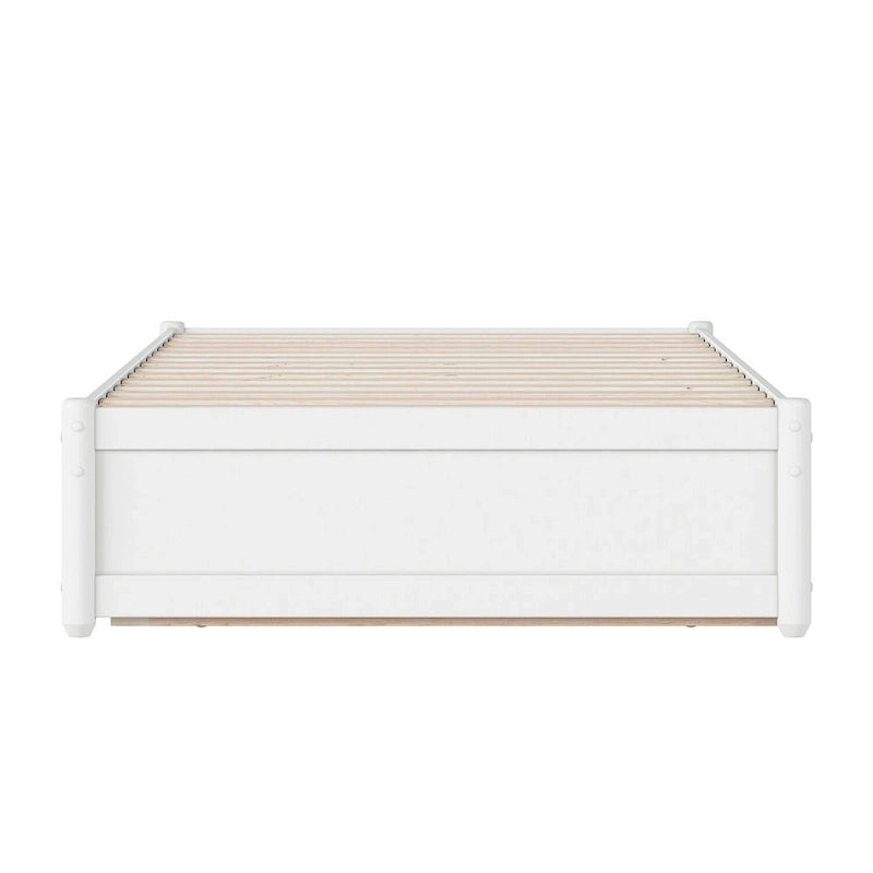 Lit plate-forme à panneaux en bois dur blanc/noyer/caramel clair avec lit gigogne double XL – Pour 2 personnes