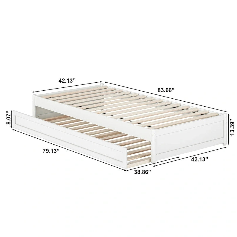 Lit plate-forme à panneaux en bois dur blanc/noyer/caramel clair avec lit gigogne double XL – Pour 2 personnes