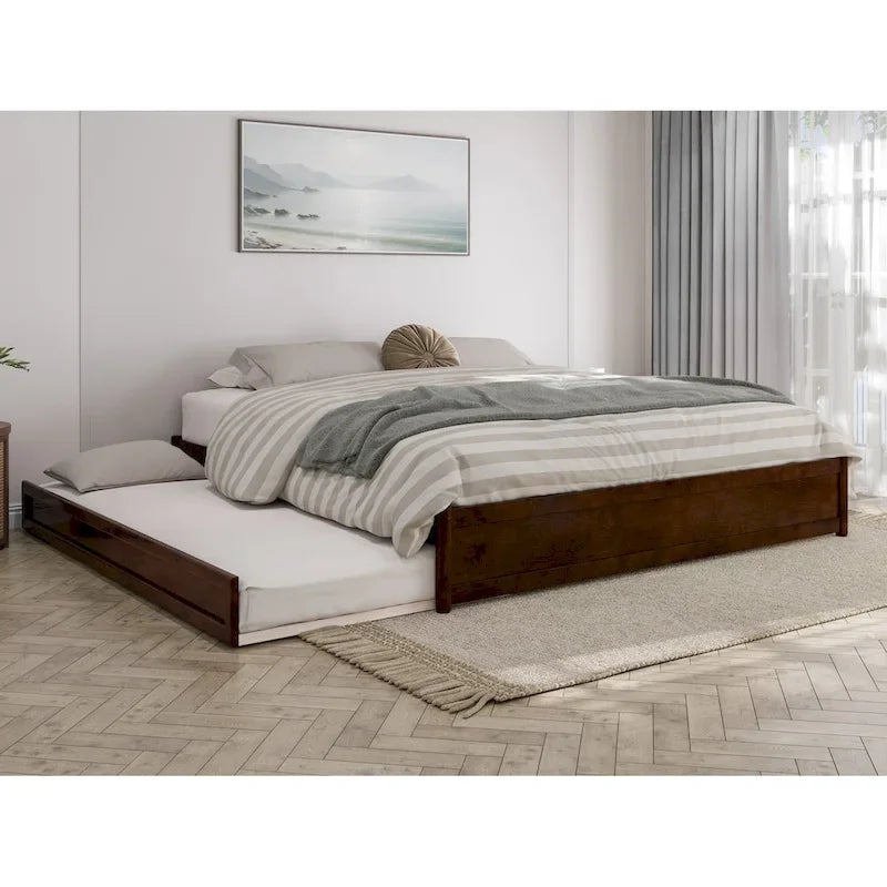 Lit plate-forme à panneaux en bois dur blanc/noyer/caramel clair avec lit gigogne double XL – Pour 2 personnes