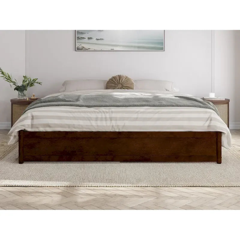 Lit plate-forme à panneaux en bois dur blanc/noyer/caramel clair avec lit gigogne double XL – Pour 2 personnes