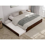 Lit plate-forme à panneaux en bois dur blanc/noyer/caramel clair avec lit gigogne double XL – Pour 2 personnes