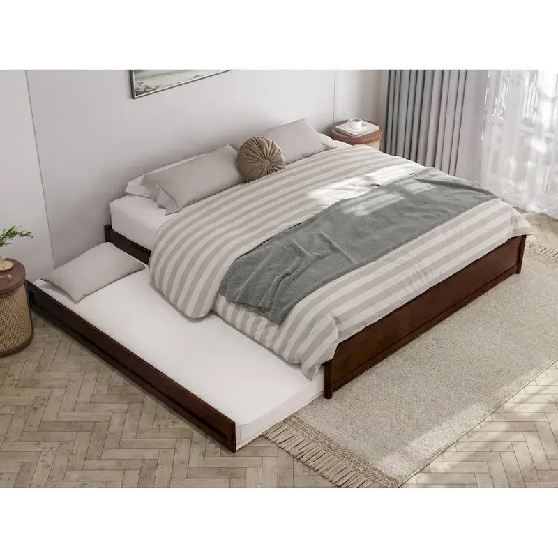 Lit plate-forme à panneaux en bois dur blanc/noyer/caramel clair avec lit gigogne double XL – Pour 2 personnes